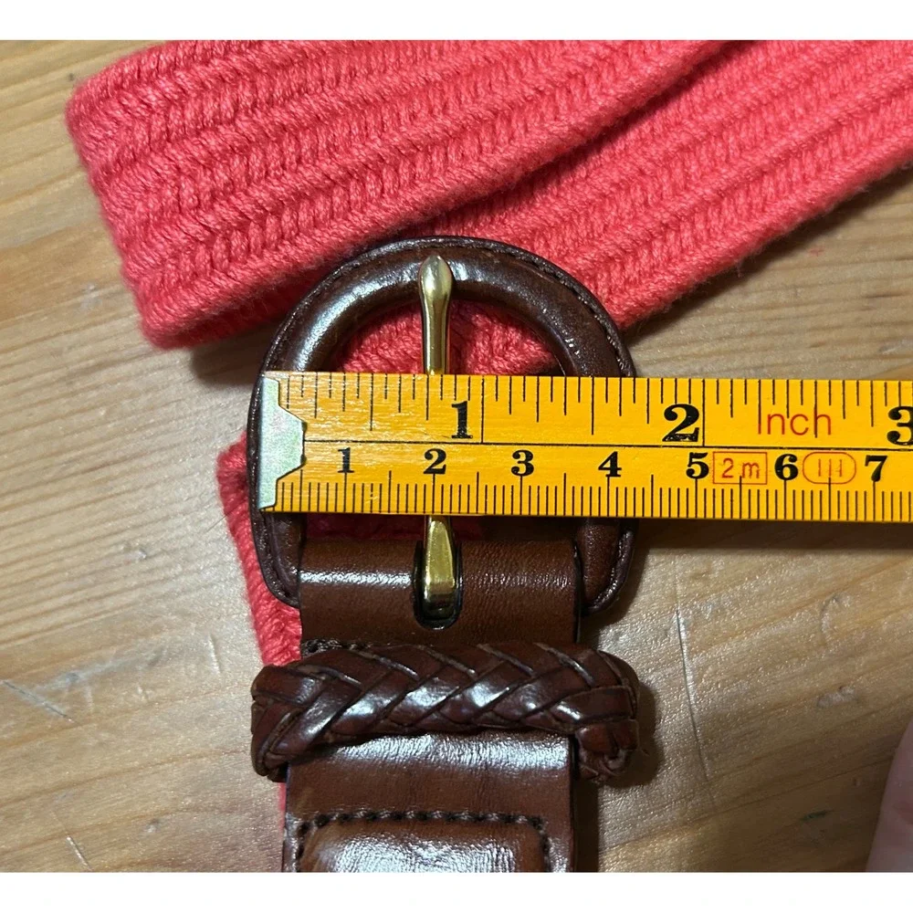 Talbots Coral Woven Braided Belt Brown Leather Trim Large Preppy Classic Bright